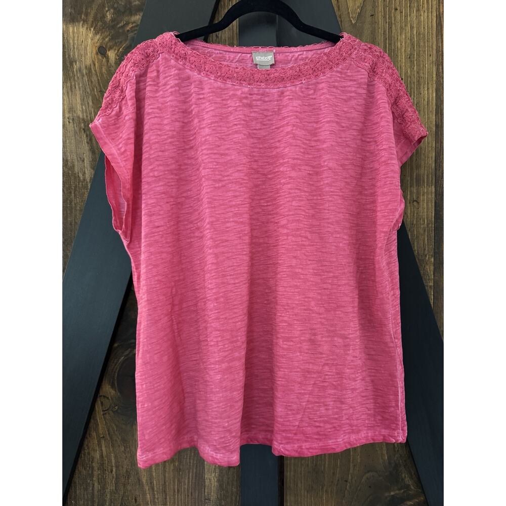 Chico's Pigment-Dyed Lace-Trim Tee Top Deep Pink Size 3 XL